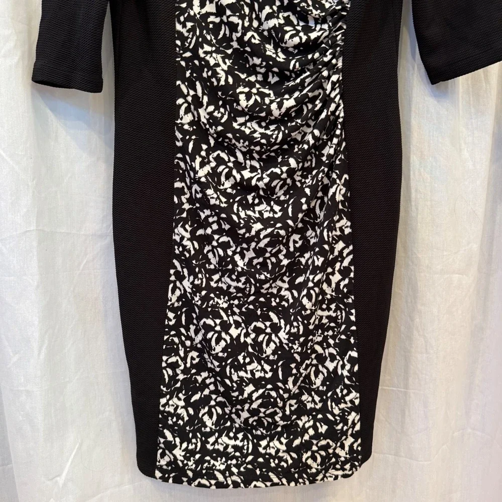Chaps Women's Black White Abstract Print Ruched Sheath Dress Size 16‎